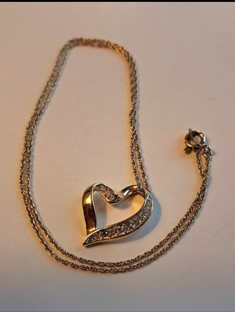 Trifari Sculptural Modern Heart Gold-Tone Pendant With Rhinestones 17" Chain